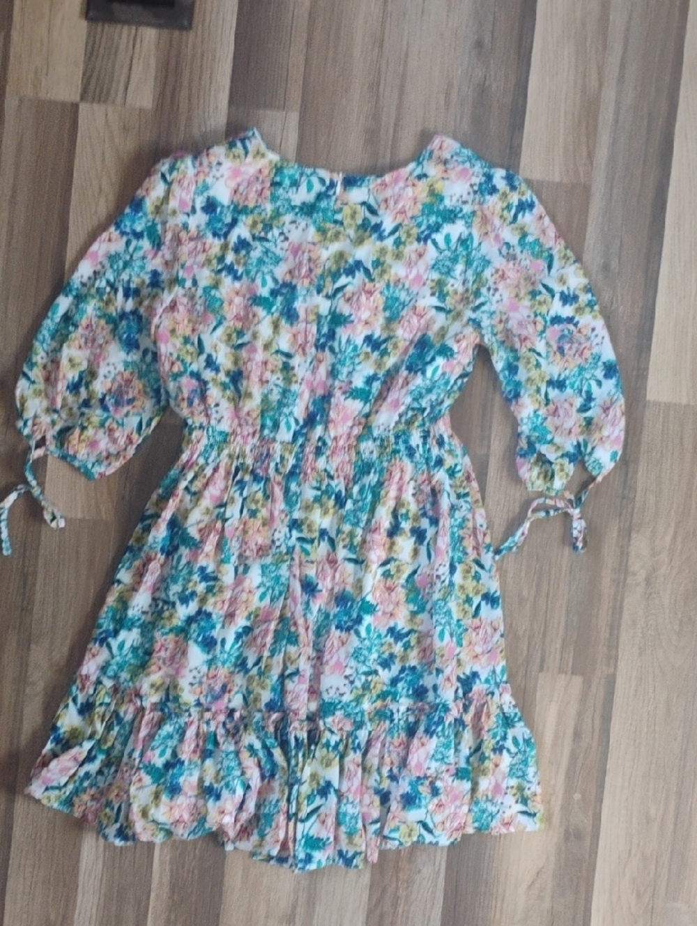 Floral V-Neck Smocked Waist Dress - Pink & Teal Floral Women's Large - Picture 2 of 4